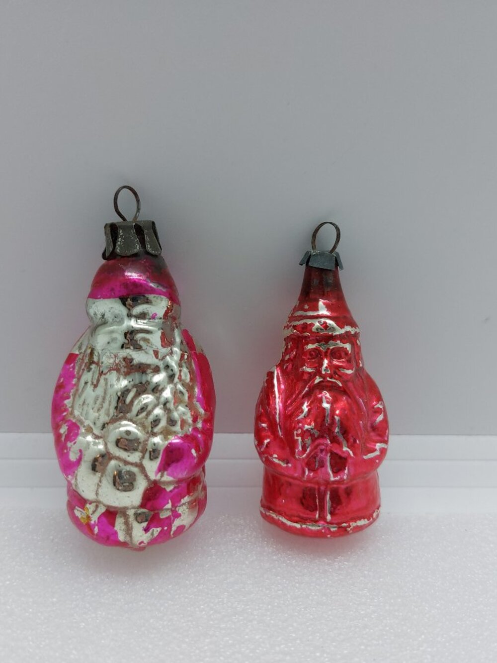 2 Vintage Mercury Glass Santa Claus Ornaments Pink & Red Christmas Tree Ornament
